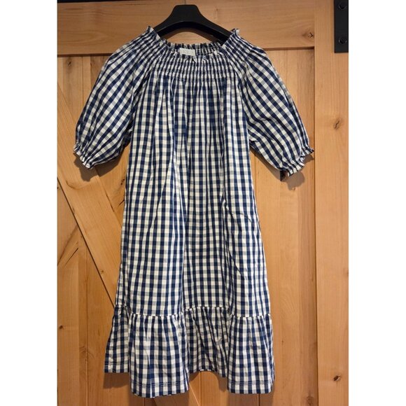 Lake Pajamas Dresses & Skirts - Lake Pajamas Size S Blue Gingham Check Cotton Smocked MIDI Dress Peplum Hem